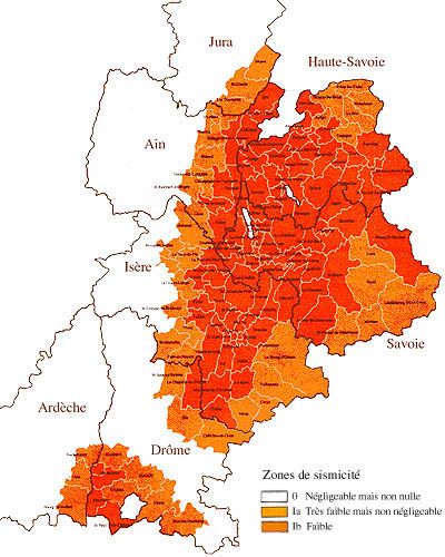 Carte de zonage sismique en Rhône-Alpes